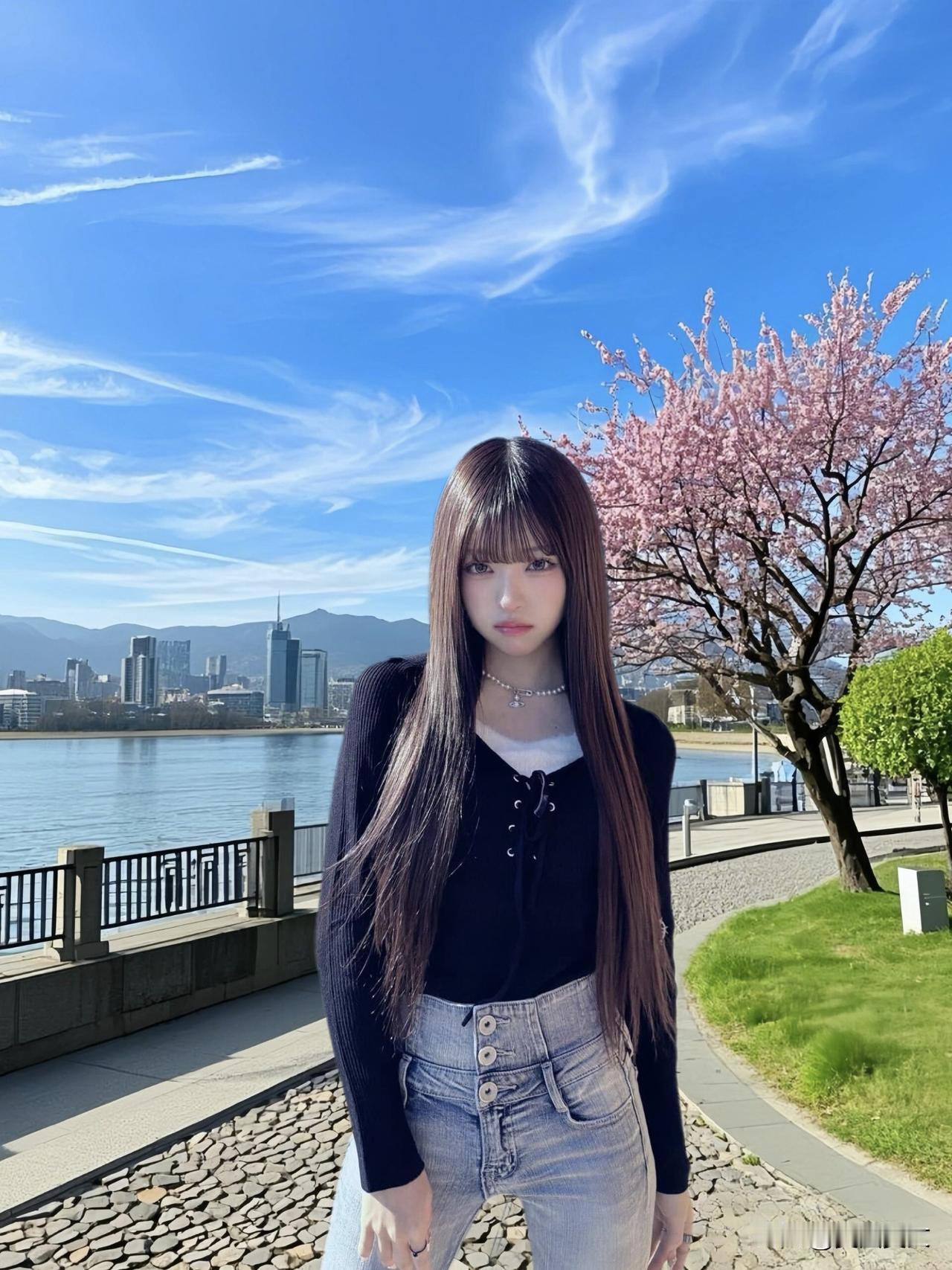 樱花树下，少女漫步，城市与自然交织的浪漫时光。