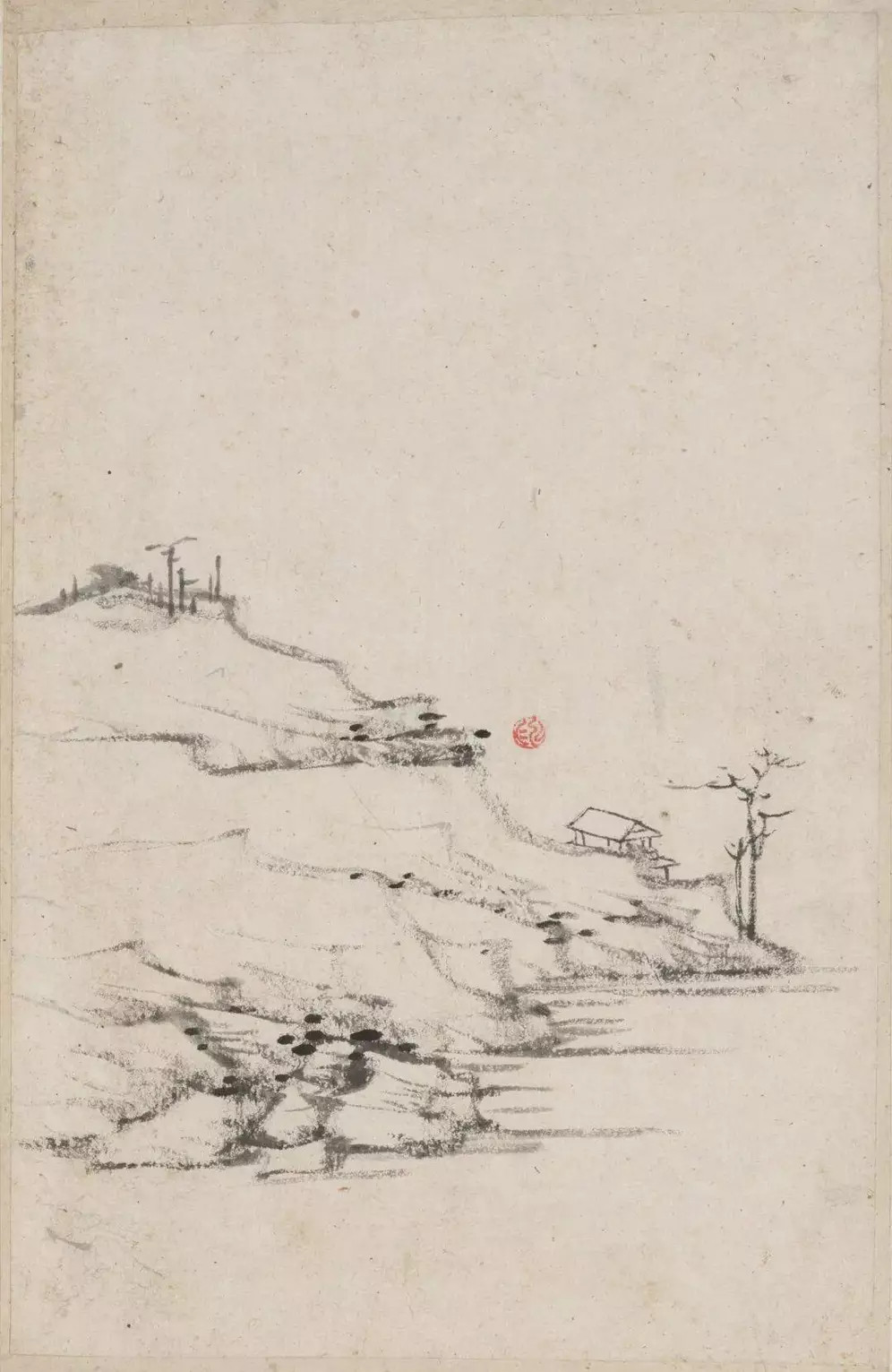 清初四僧渐江。弘仁(1610-1664)本姓江，名韬，字六奇，又名舫，字