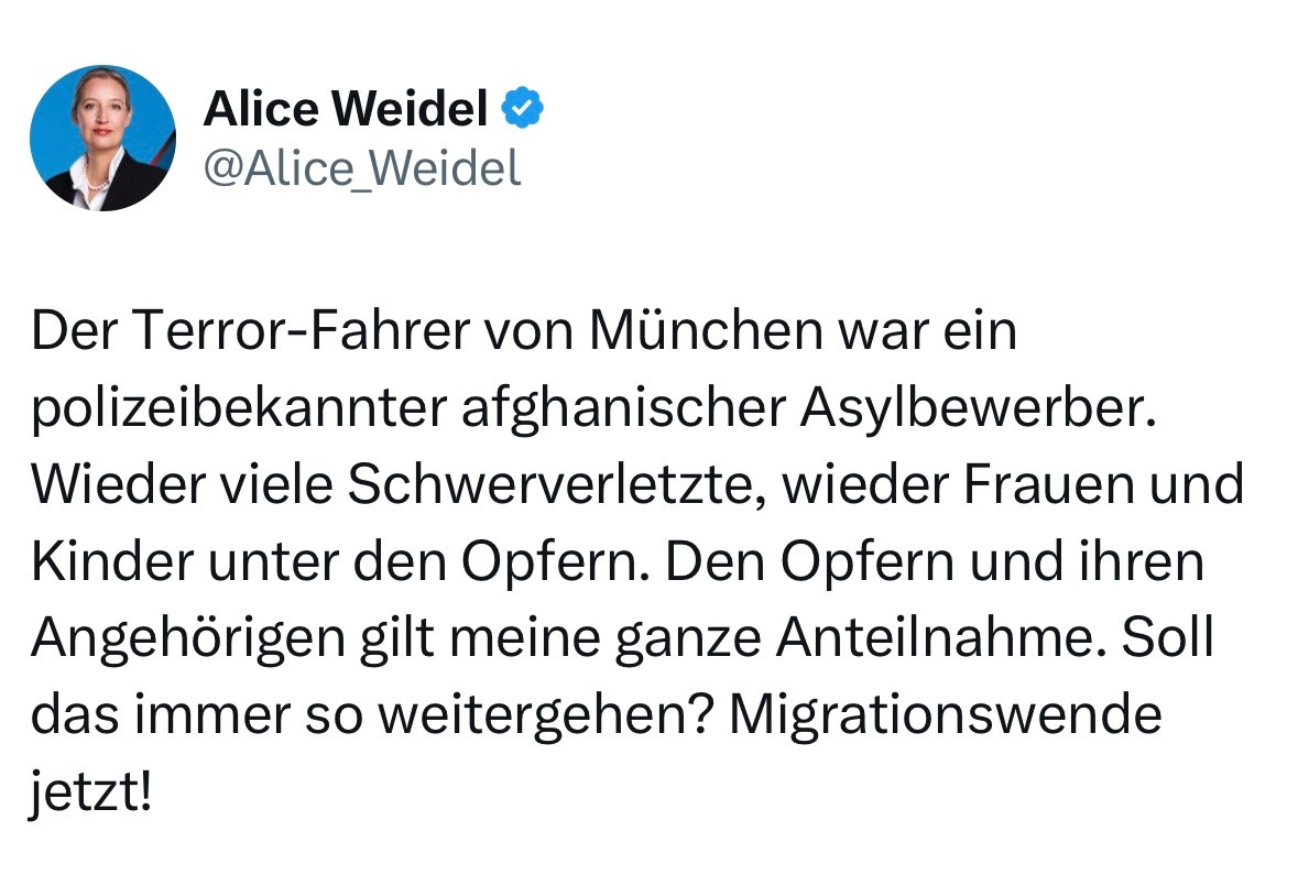 德国选择党（AfD）党魁爱丽丝·魏德尔就2月13日发生在慕尼黑的汽车冲撞人群恐怖