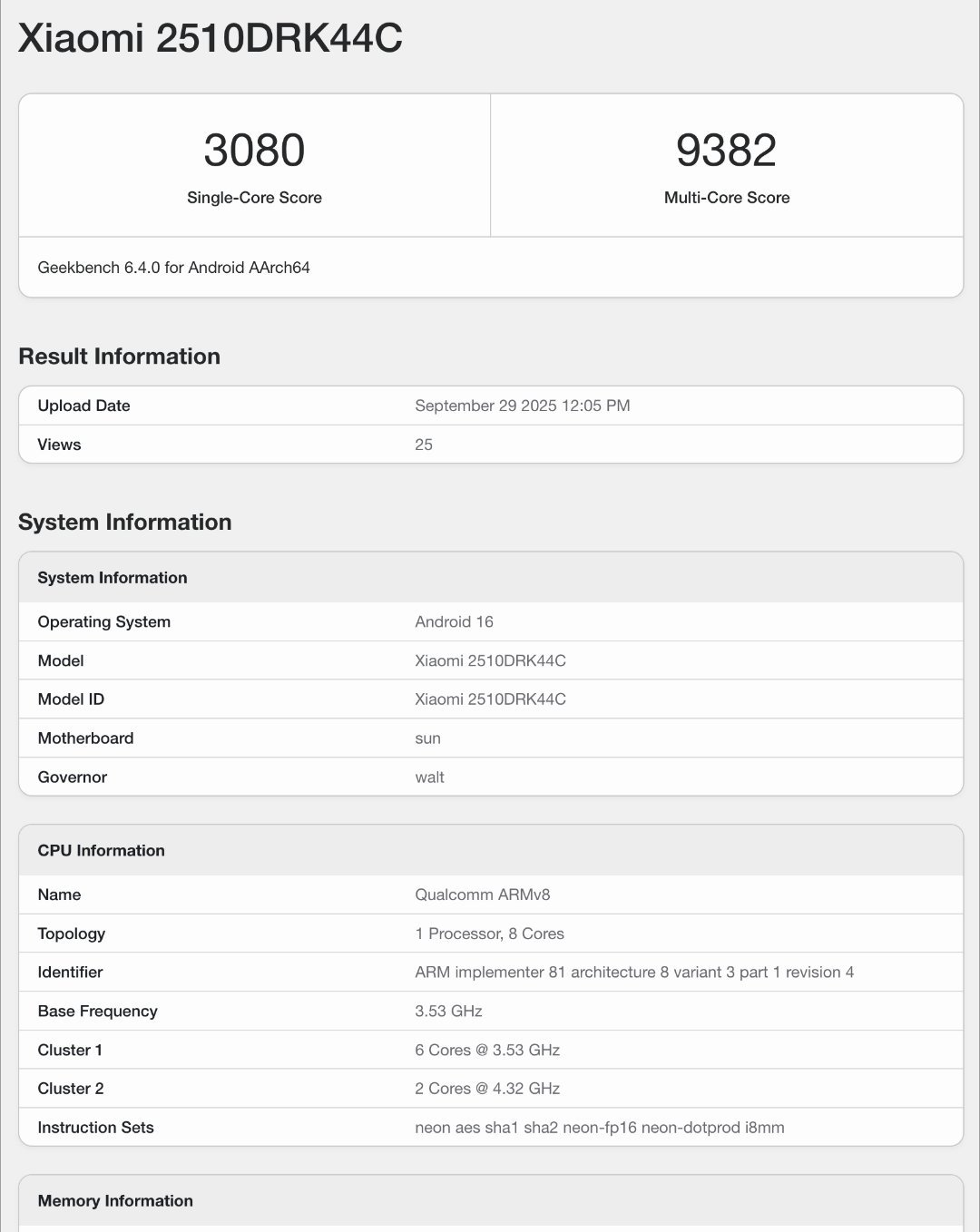REDMIK90标准版也登上了Geekbench官网，型号2510DRK