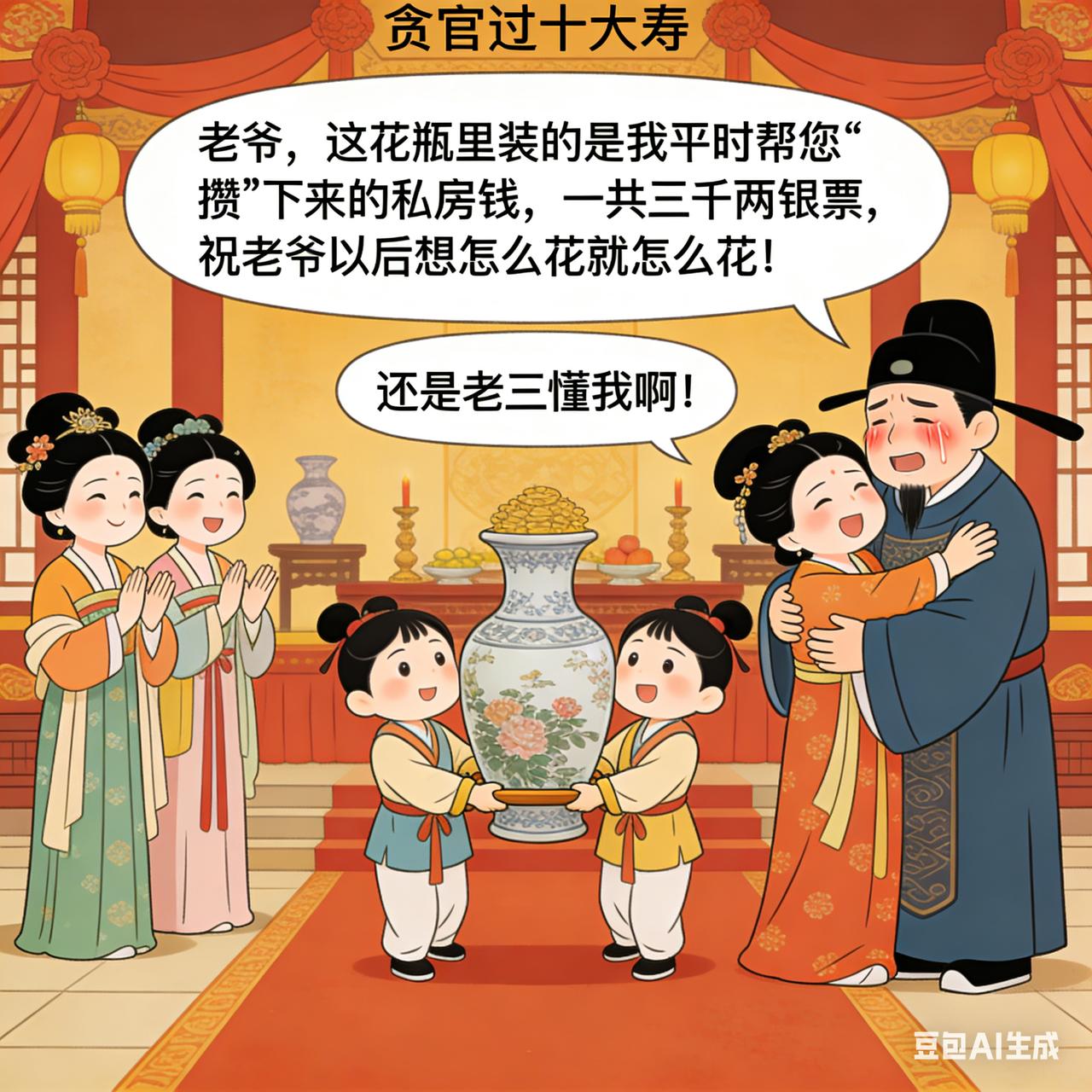 古代贪官搞笑段子贪官过五十大寿，三个老婆为了讨他欢心，争先恐后地献殷勤。