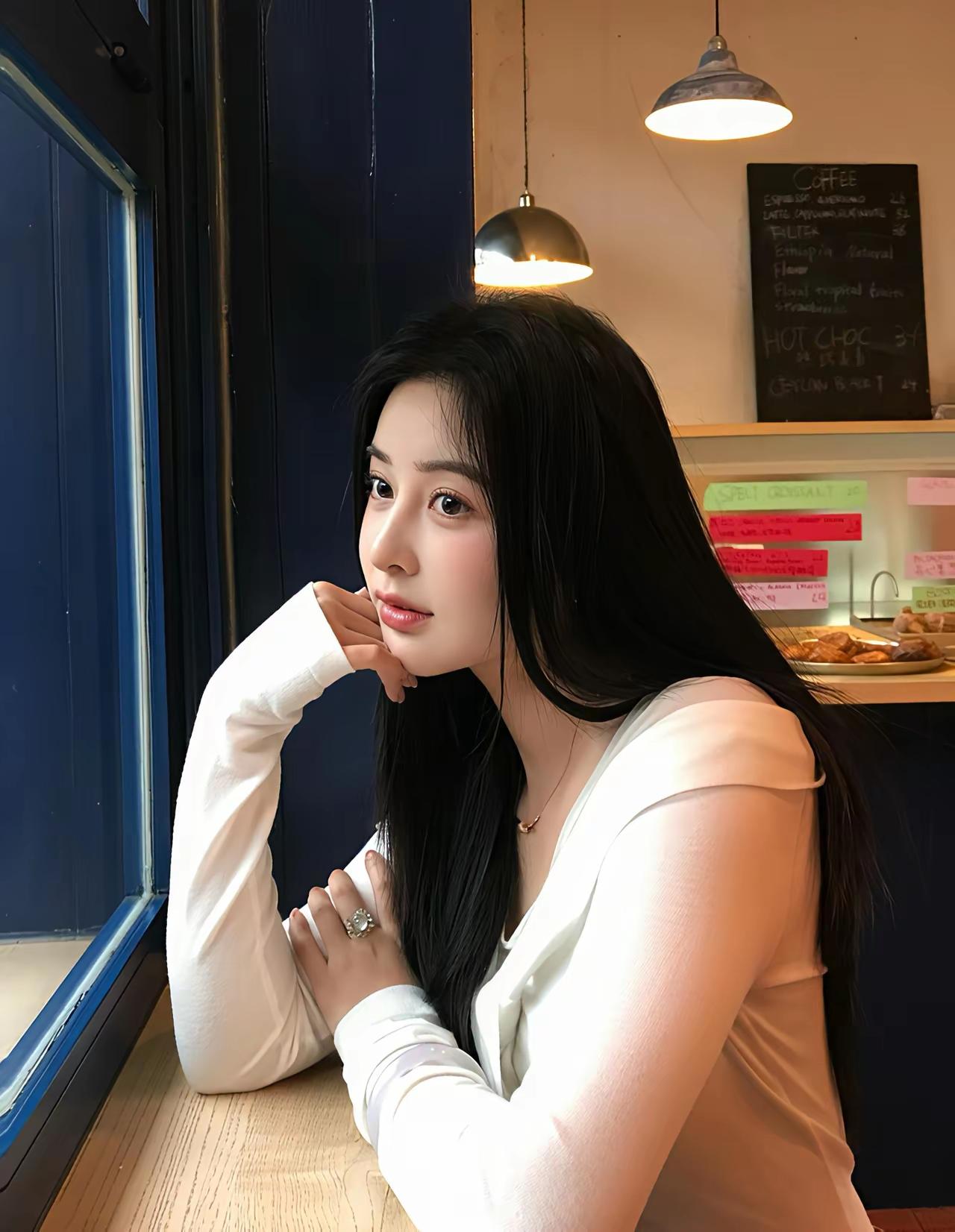 一位长发美女在咖啡馆靠窗沉思。
