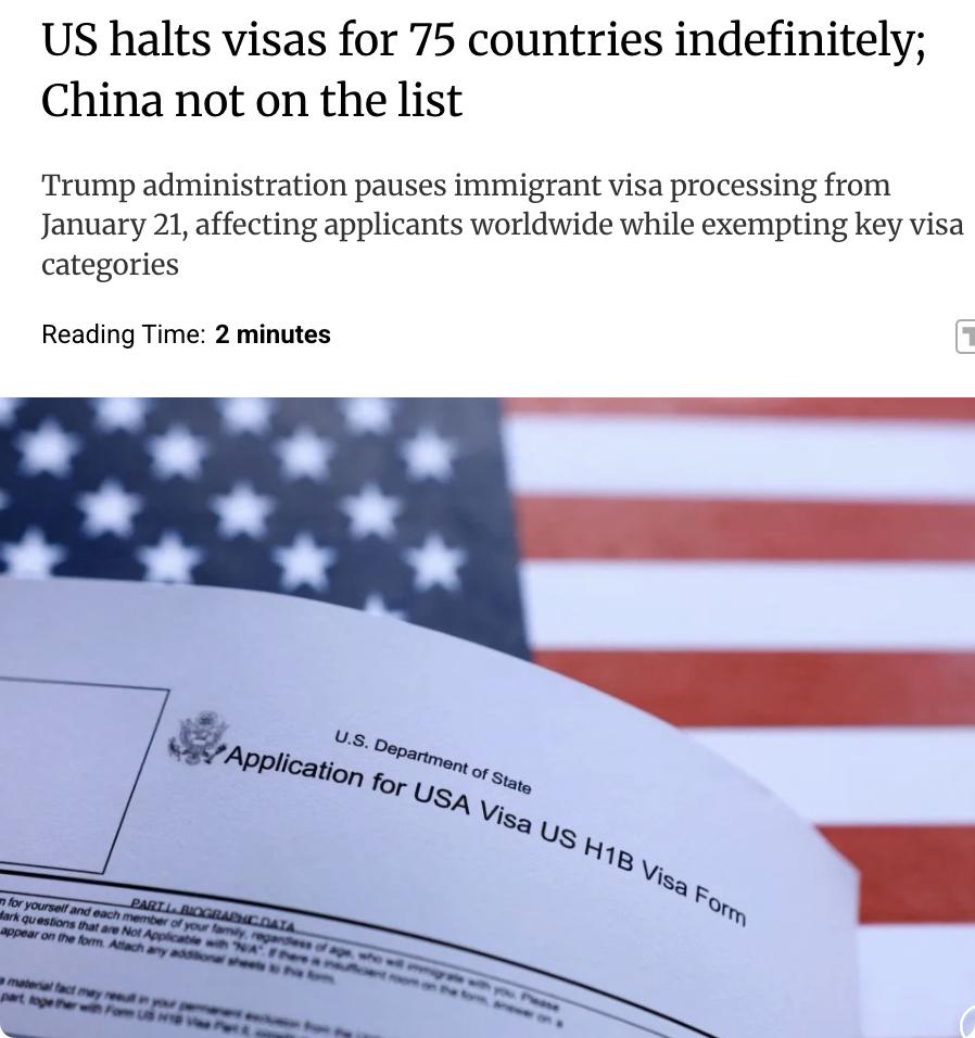 外媒：美国国务院确认，特朗普政府将从1月21日起无限期暂停来自75个国家的移民签