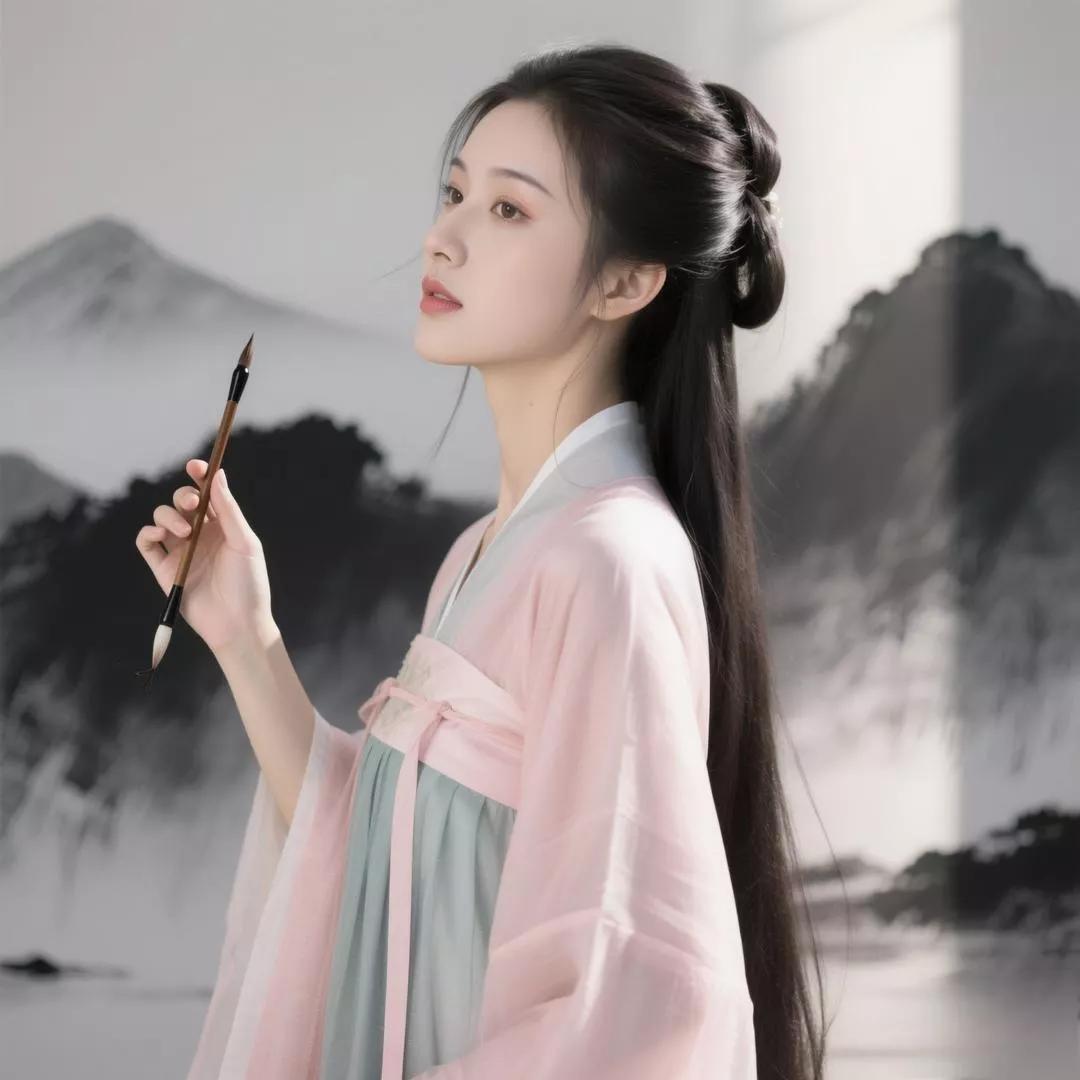 古风少女，执笔山水间温柔国风少女古典汉服美人古风人物图雪境美人图仙姿古风