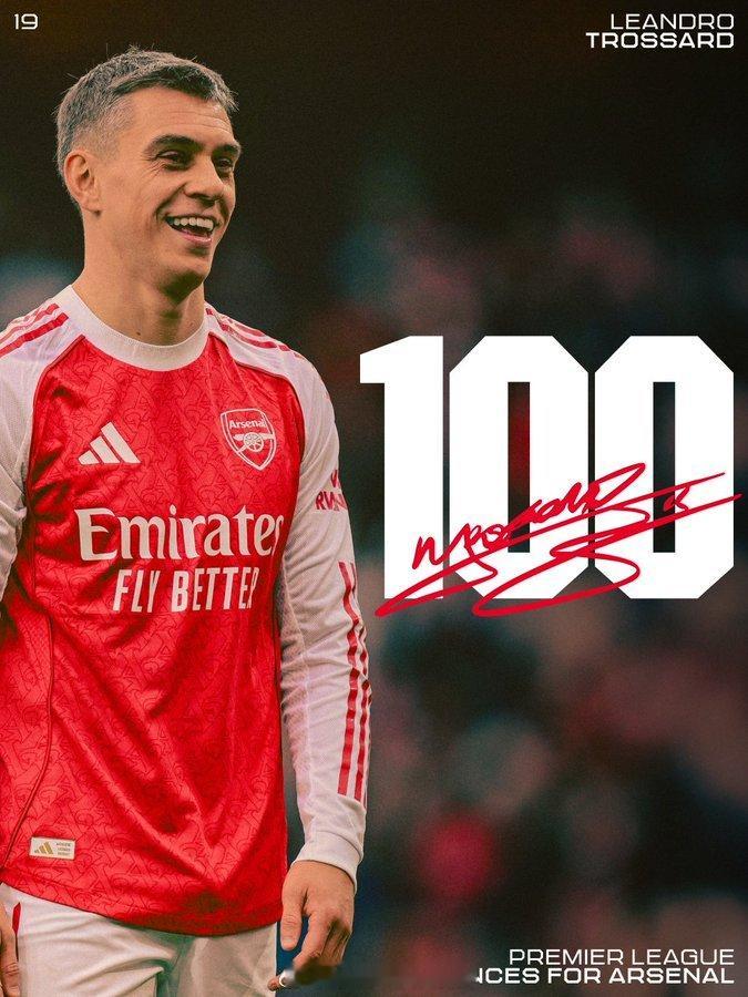 特罗萨德迎来代表阿森纳在英超百场秀，此前他共计为球队贡献22球21助攻，还得感谢