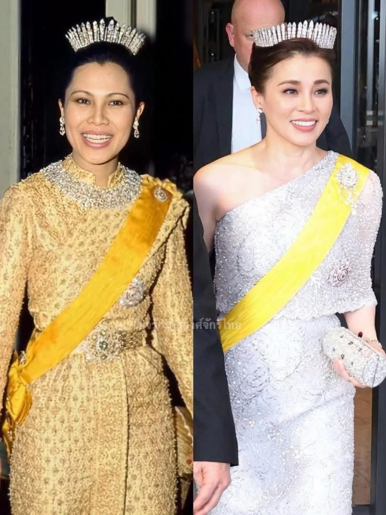两位泰国王后佩戴王冠，诗丽吉更有松弛感苏提达2026年4月瑞典国王寿宴上，头回