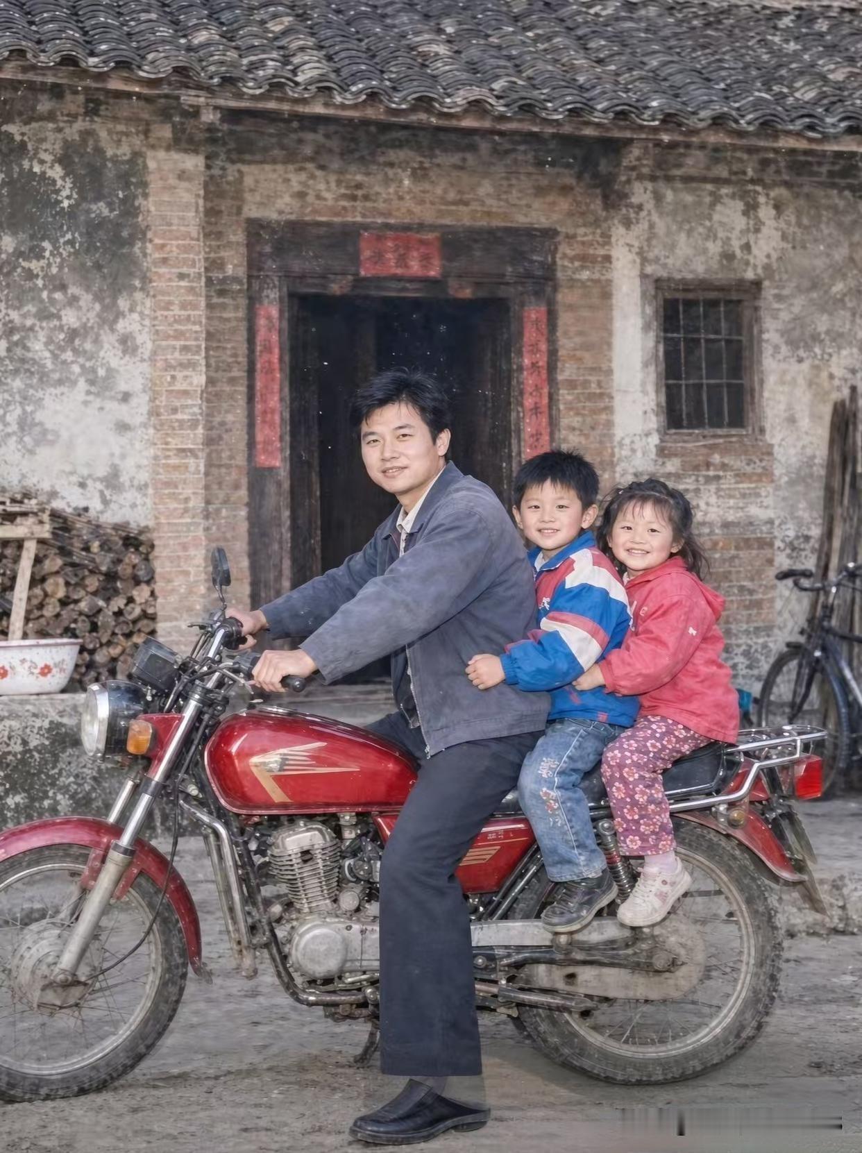 26年前与26年后，同样的摩托车，同样的位置，还是爸爸带着一双儿女，一晃26年，