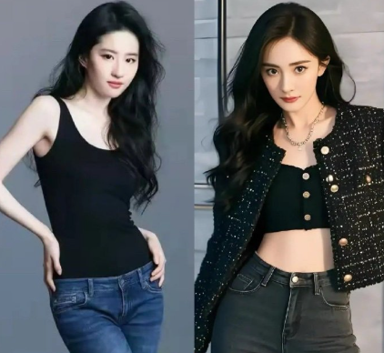 左边刘亦菲，右边杨幂；左边紧身牛仔裤，右边也是紧身牛仔裤；左边年龄38岁，右