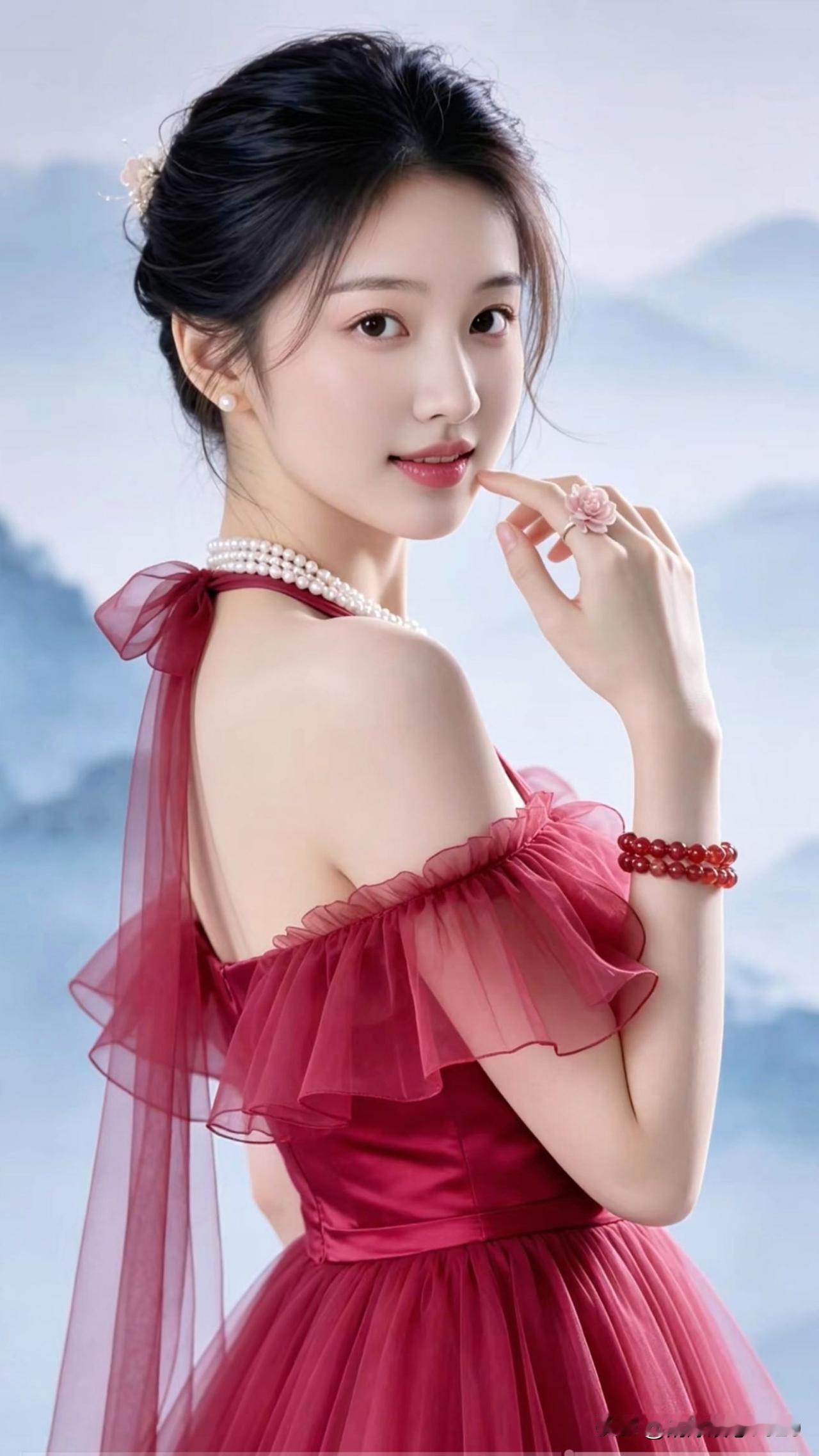 这位小姐姐穿着红色礼服，好漂亮！红色玫瑰礼服酒红色礼服超美