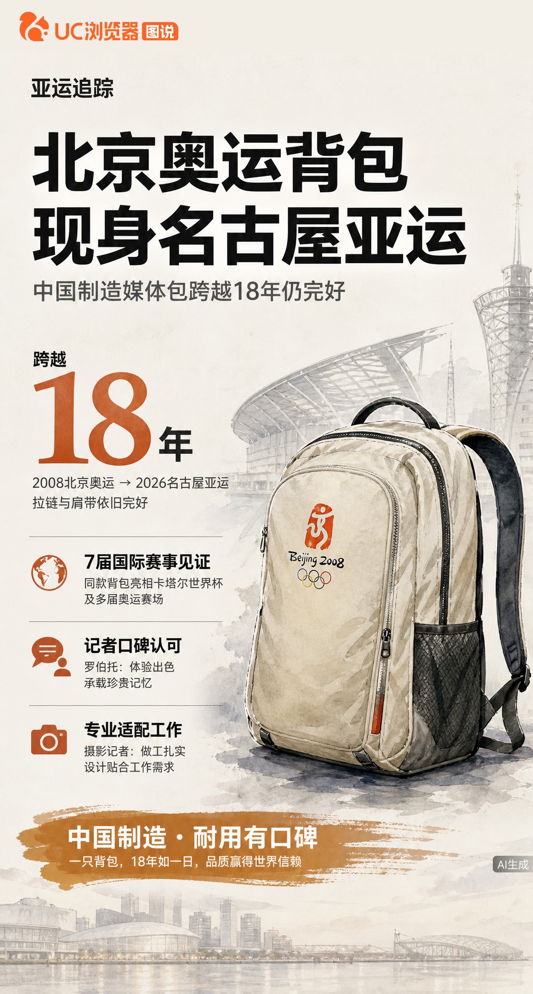 名古屋亚运现场，2008北京奥运媒体包又出现了！历经18年、跨越7届大赛，拉链肩带依旧完好。外国记者