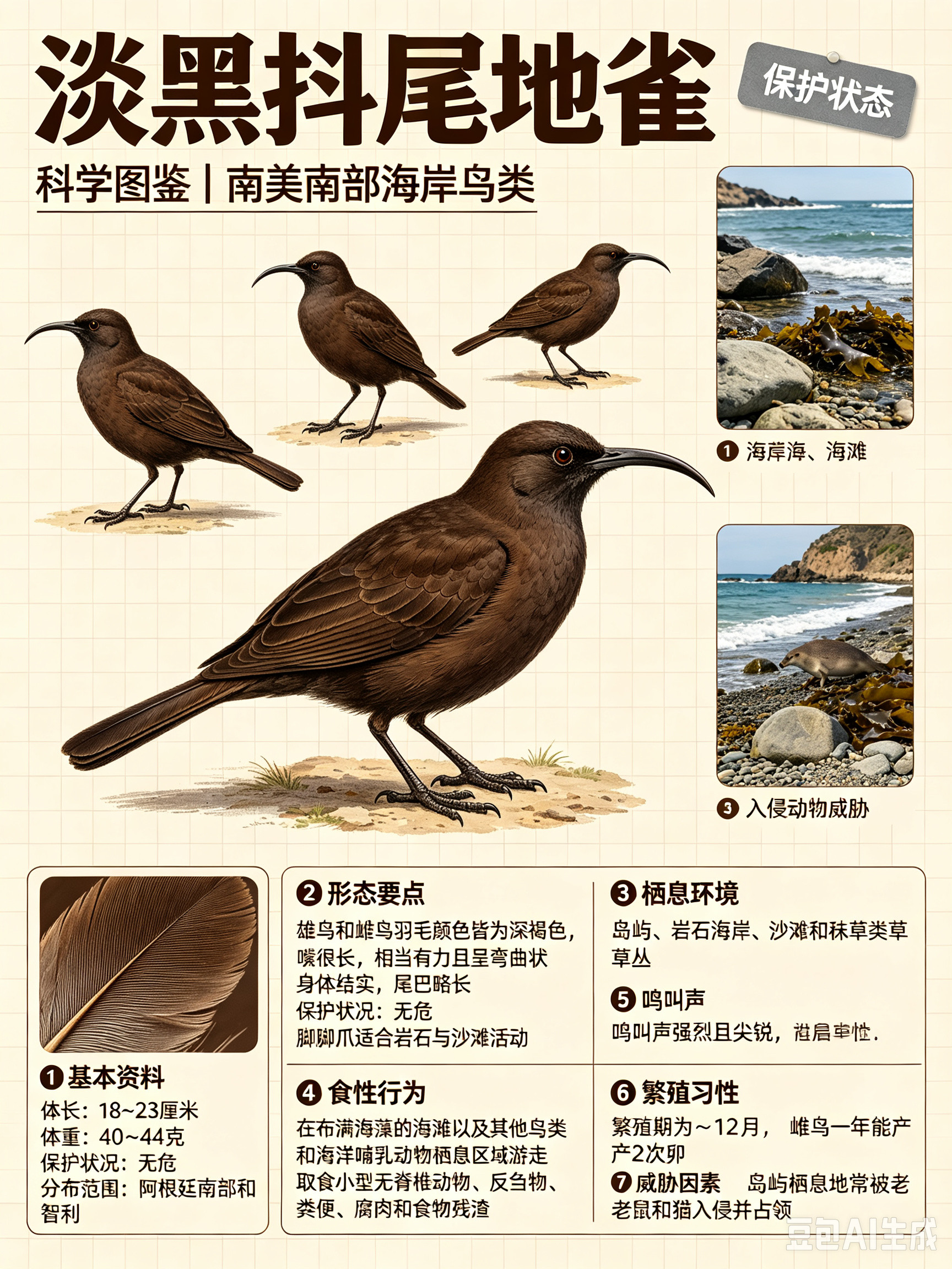 鸟类朋友图鉴淡黑抖尾地雀体长：18~23厘米体重：40~44克社会单位：独