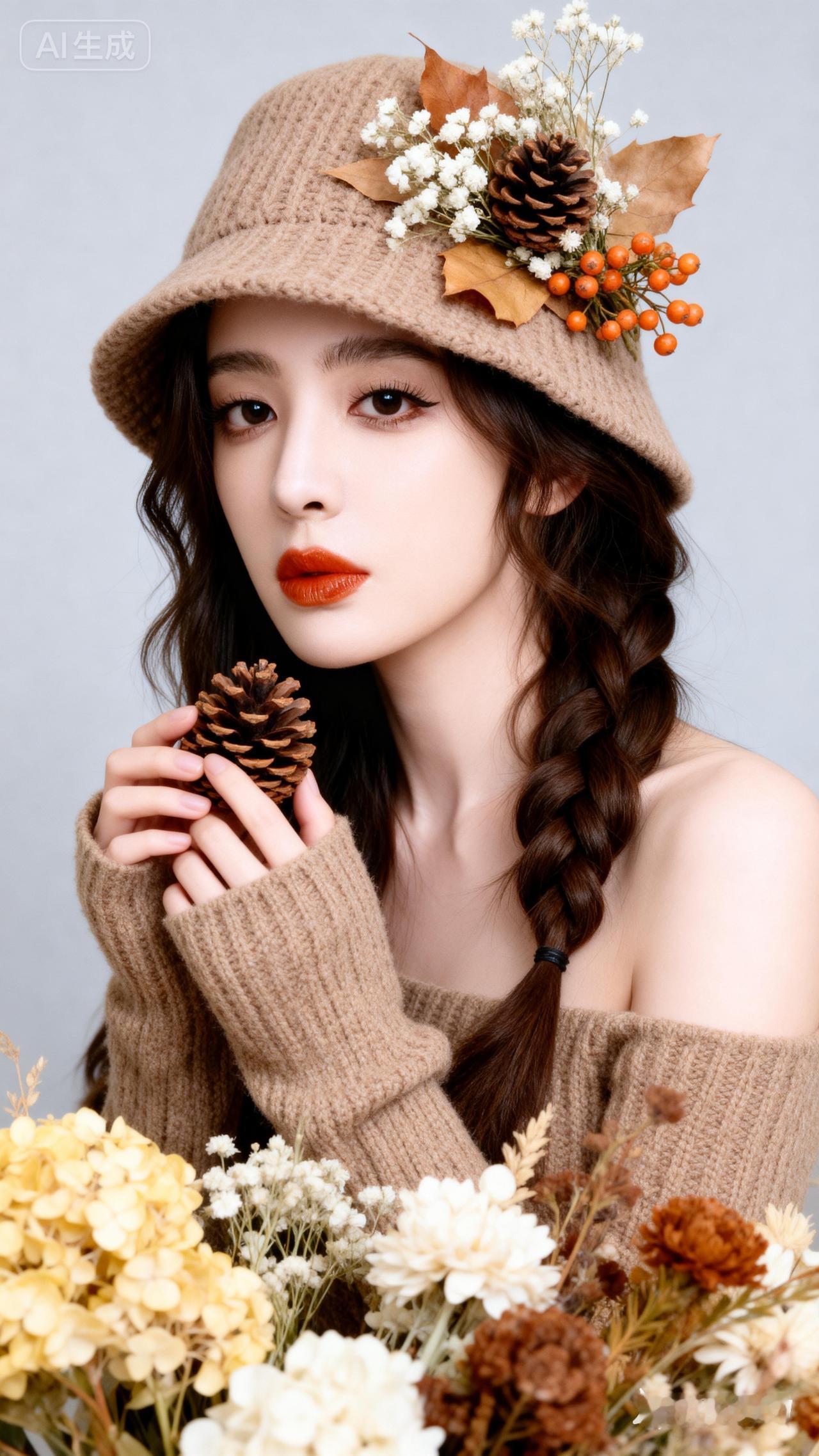 秋日暖阳下的复古少女，红唇与松果的完美搭配，温暖又迷人。