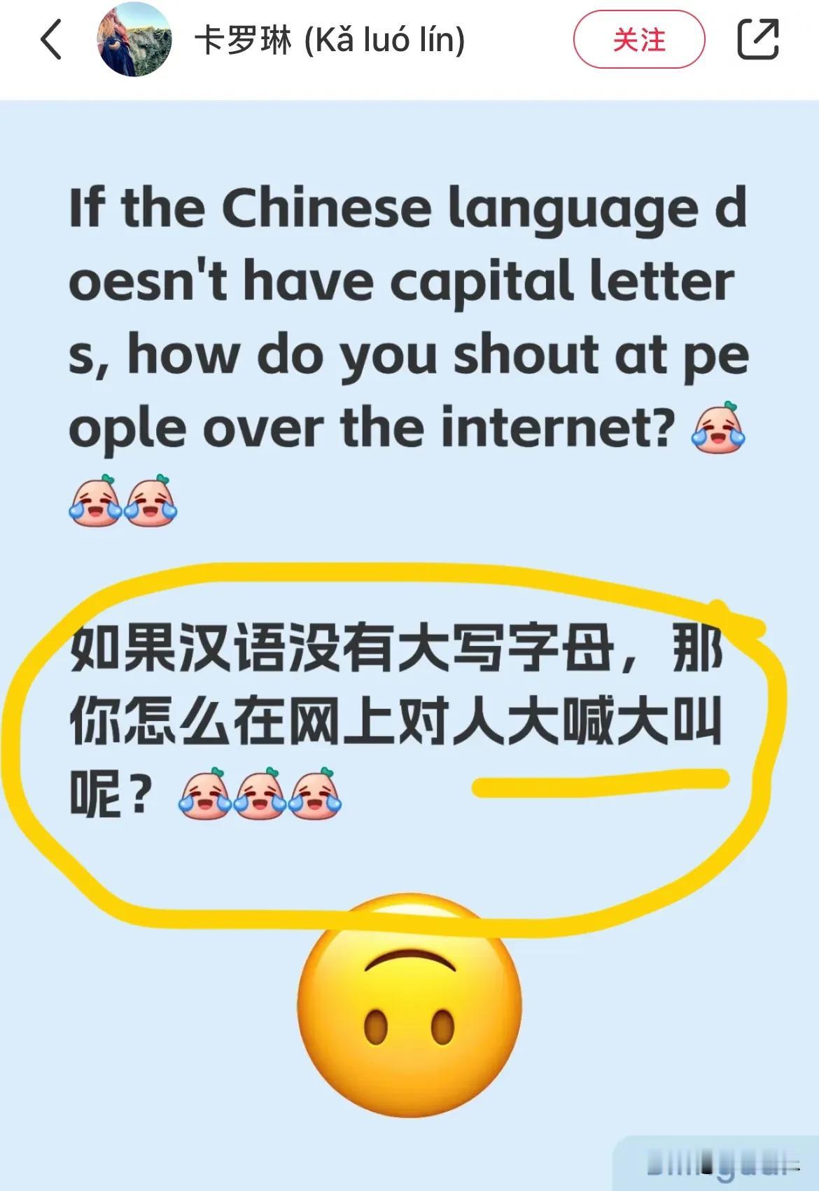 美国网友好奇：汉字没有大写字母，你们怎么在网上表达情绪，大喊大叫呢？看了她的