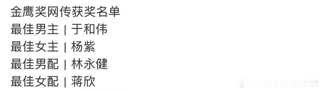 这几天已经看到粉丝和一些yxh说拿奖的是杨紫男女主不可能同一部剧都拿奖，男主给于