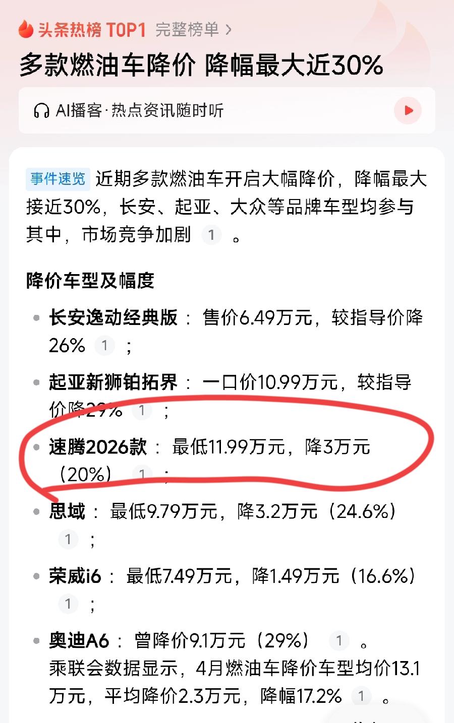 这些年速腾车价这么坚挺吗？目前降价燃油车型，速腾2026款，最低12万元降3万，