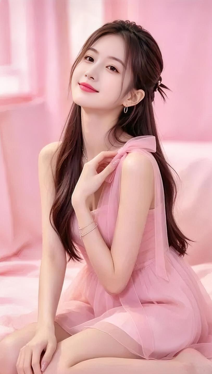 粉色漫过窗纱，你坐在软软的光里。肩带系着蝴蝶结，像把甜梦轻轻挽起。