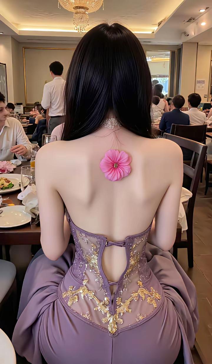 上联：紫裙绣金凝雅韵下联：粉花缀背映清姿餐厅内灯光明亮，水晶吊灯散发着柔和