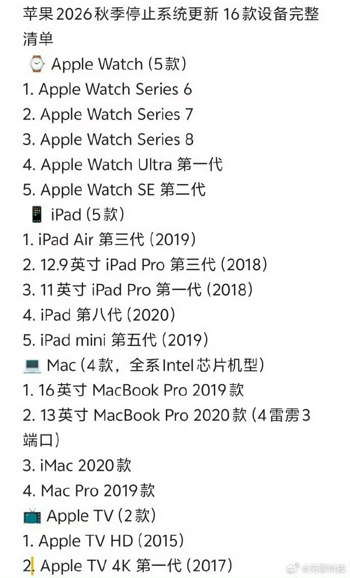 苹果公布16款设备将停止系统更新今年秋季将有16款非iPhone设备停止获得最新