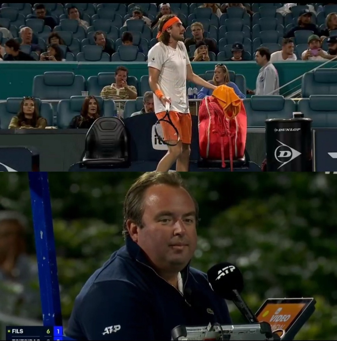 在迈阿密大师赛对菲斯的比赛中，西西帕斯向裁判抱怨灯光问题：“你应该感到羞耻。你见