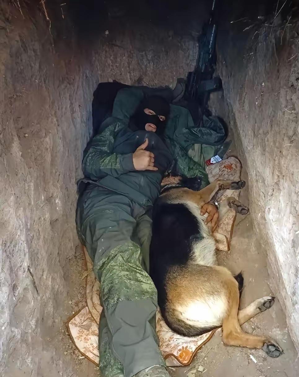 一人一狗睡在战壕之中,这也是俄乌冲突的一种真实存在的状况。俄罗斯士兵喜欢带着犬类