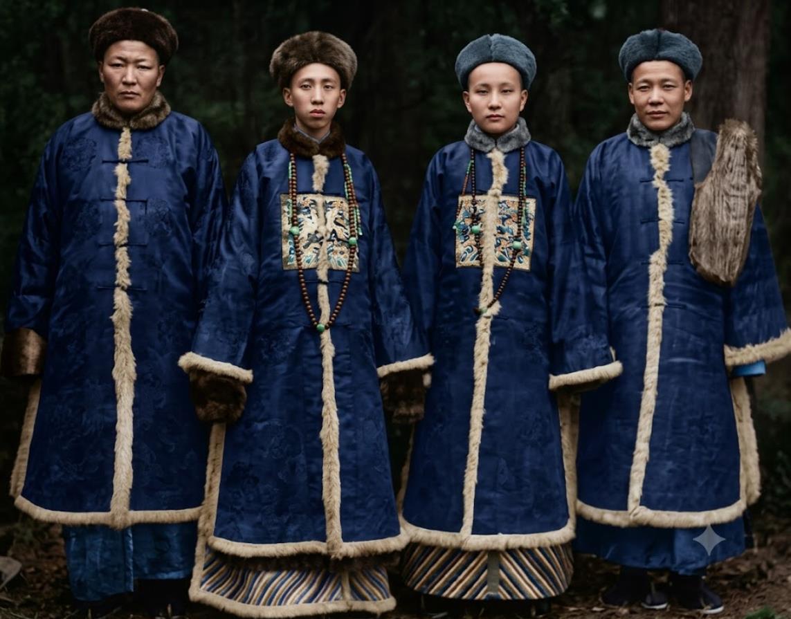 晚清，“内庭四太监”合影，四位太监身着冬装朝服，佩戴朝珠，站姿笔挺。他们面容清秀