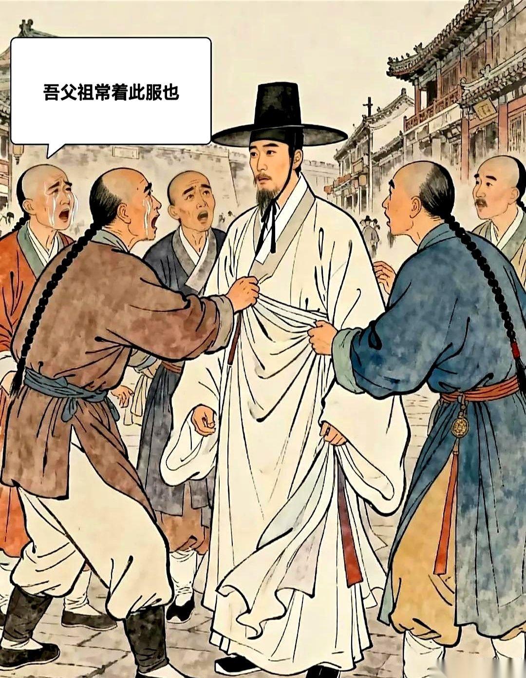 一群穿着满清衣服、留着金钱鼠尾辫的人，围着几个朝鲜使臣，嚎啕大哭。他们一边哭，