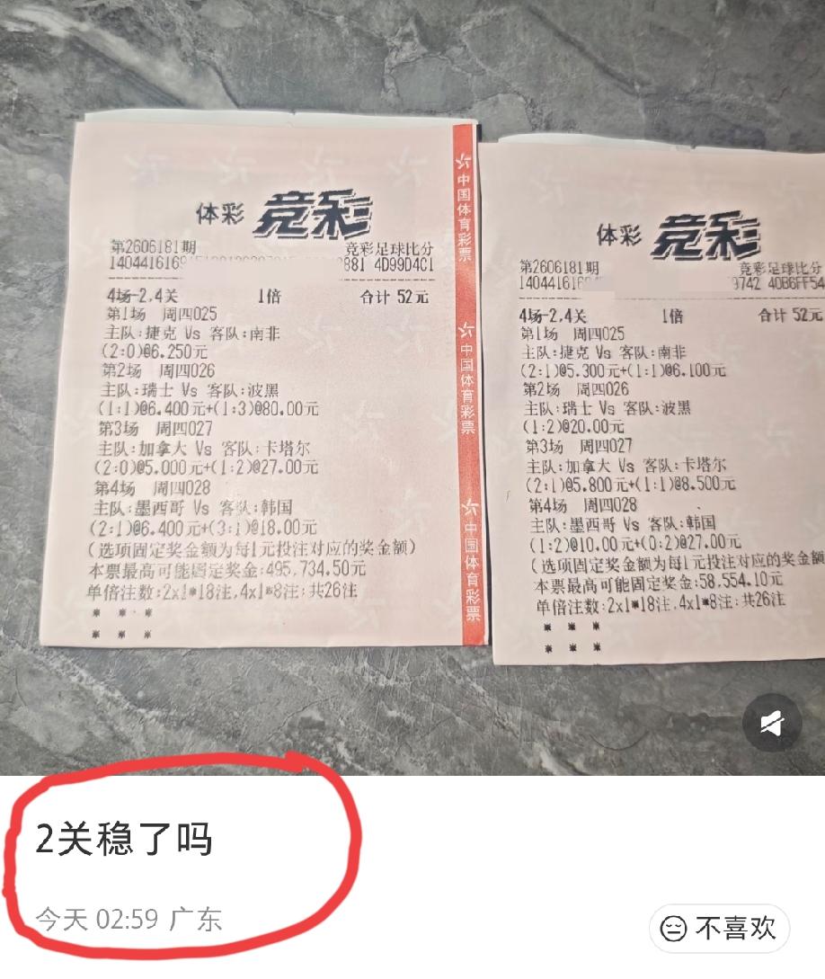 广东网友问大家的一个问题:这两张彩票4场过两关稳了吗？是第一张中的概率大一点还是
