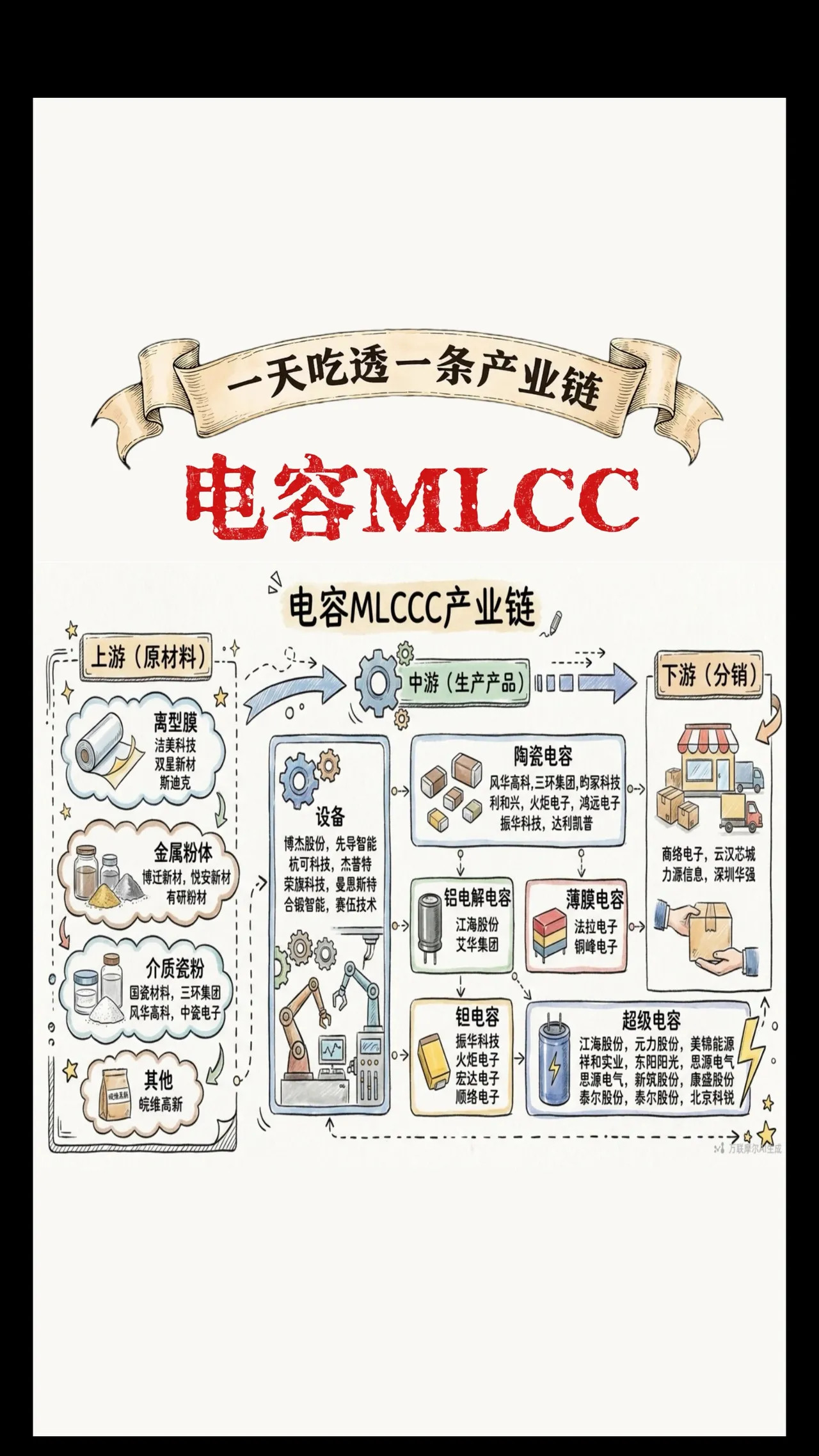 电容MLCC产业链梳理电容MLCC：即多层片式陶瓷电容，是电子电路里最基础的无源
