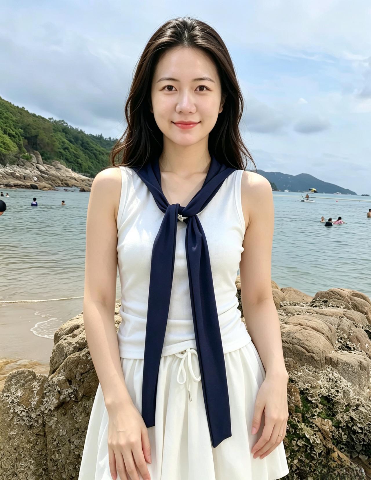 海风漫过礁石把温柔，揉进你的眉眼一身素白，衬着万里碧蓝深蓝领结，系住整个夏
