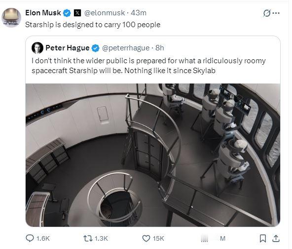 马斯克在社媒表示：星舰飞船的设计载客量是100人。[并不简单]​​​