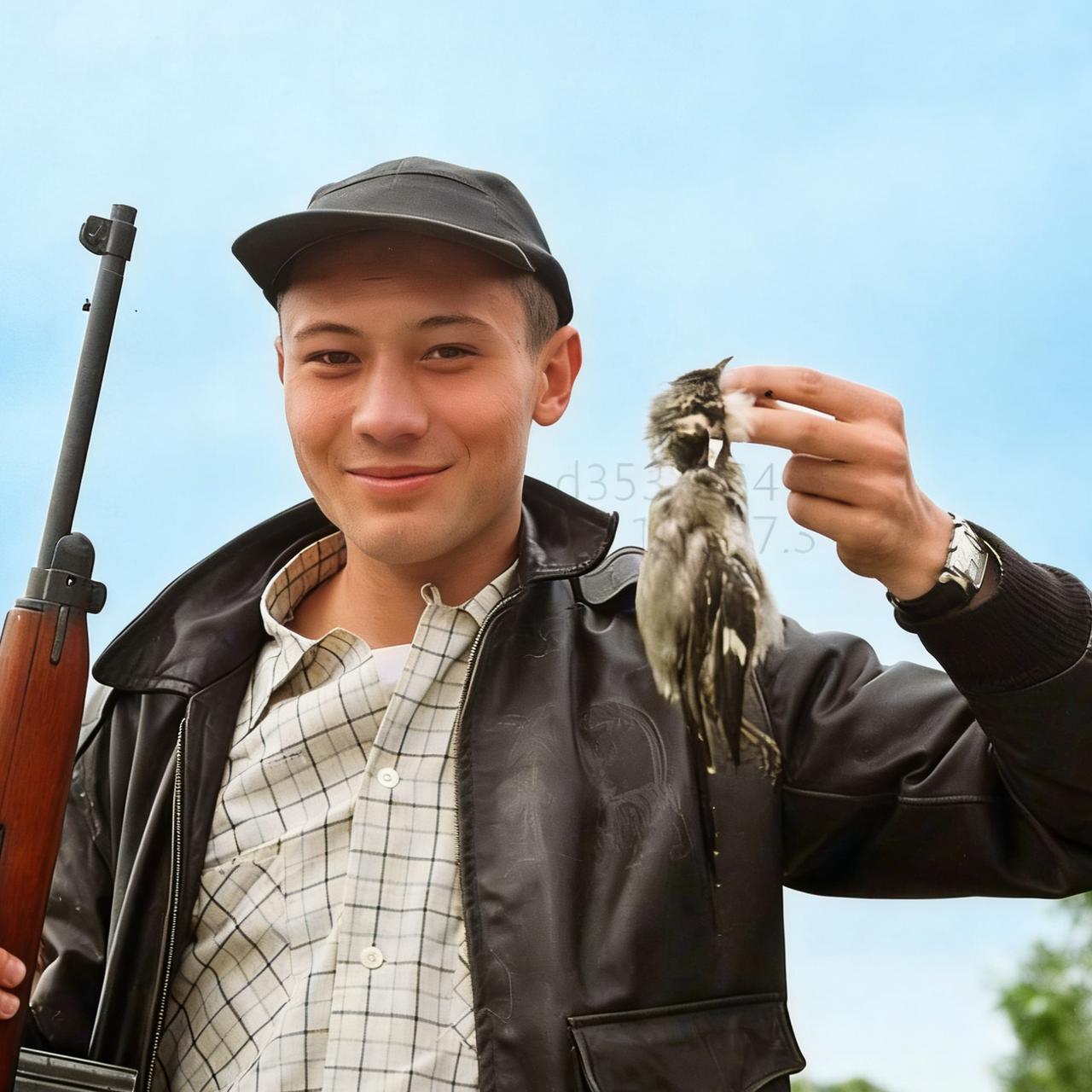 蒋孝文在野外打猎时，一张罕见的留影，照片中的他戴着帽子，穿着皮夹克，右手拿着一把