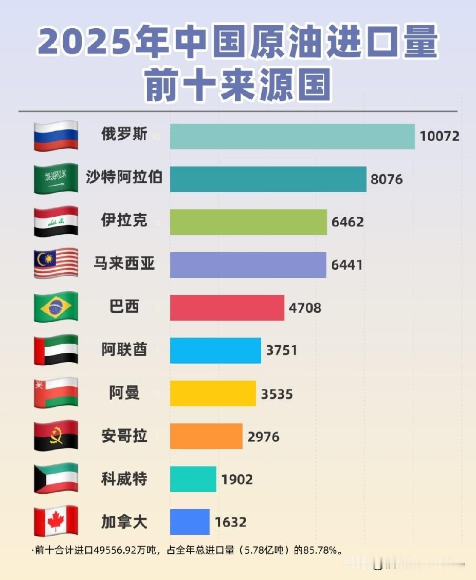 2025年中国原油进口前十来源国。