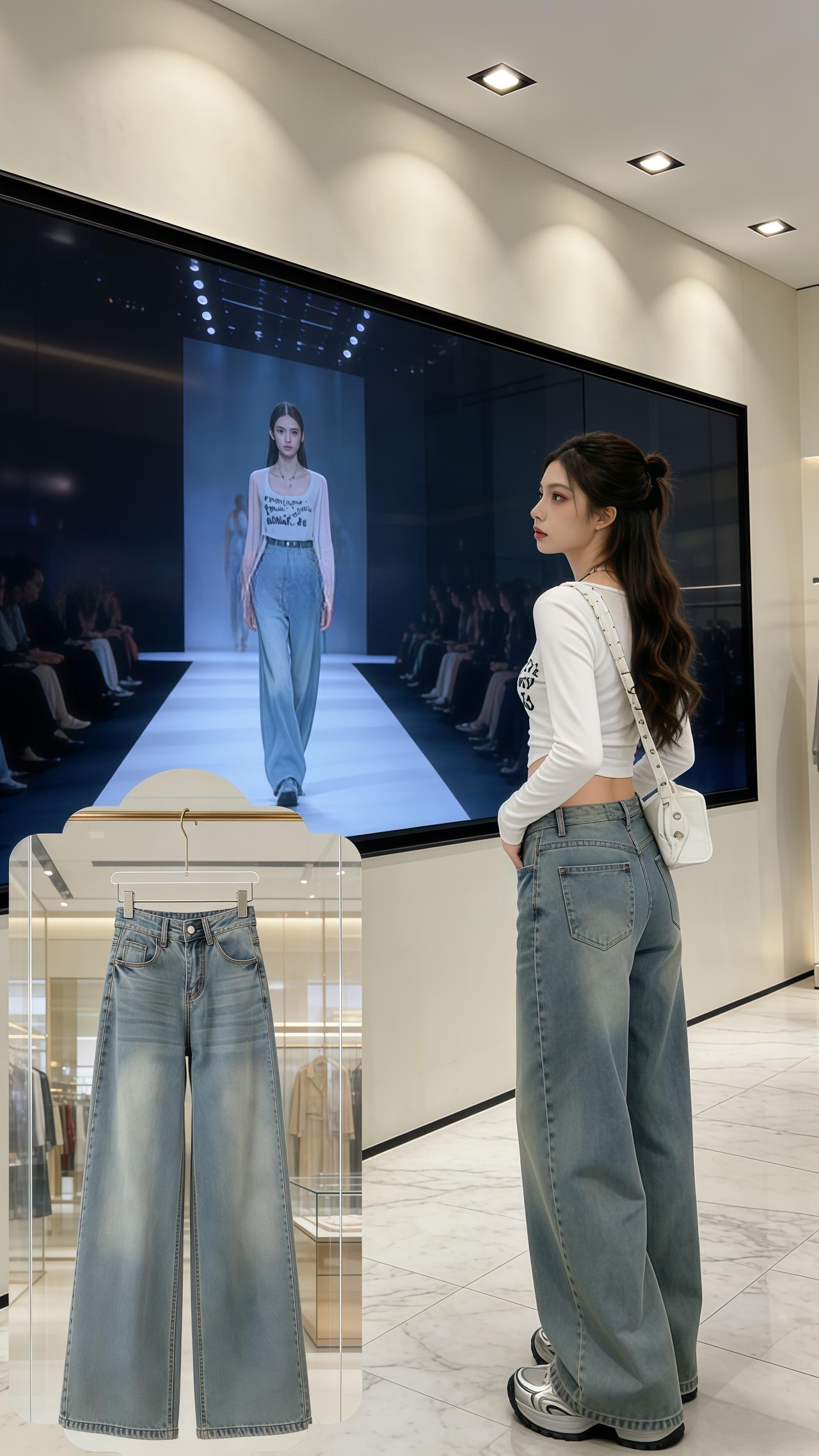 姐妹们，2026新款显瘦阔腿牛仔裤来了！还是高腰的设计，超级显腿长，而且它的版型