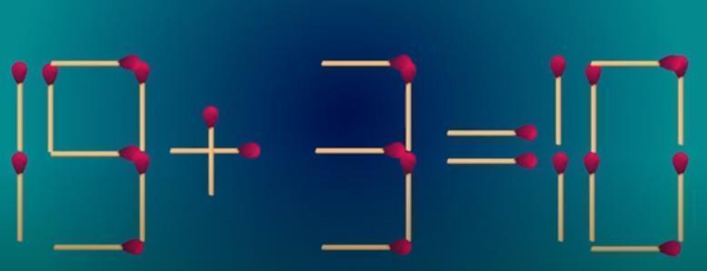 这道谜题中，“19+3=10”显然不成立。你的任务是仅移动一根火柴棒，