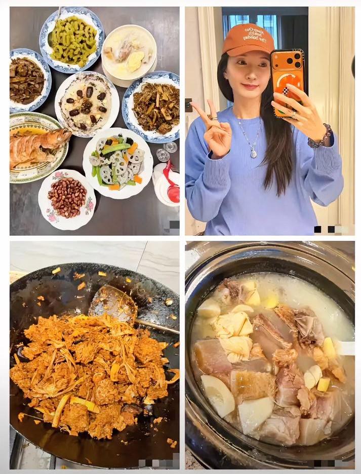 江疏影的年夜饭，越简单越有料！茅台配铁锅，7菜1汤摆两个酒杯，单身的她无名指戒