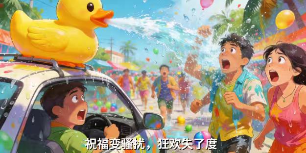 云南泼水节惊现“喷水车”！车主改装水枪沿街“扫射”，路人遭小鸡“袭击”车顶站着