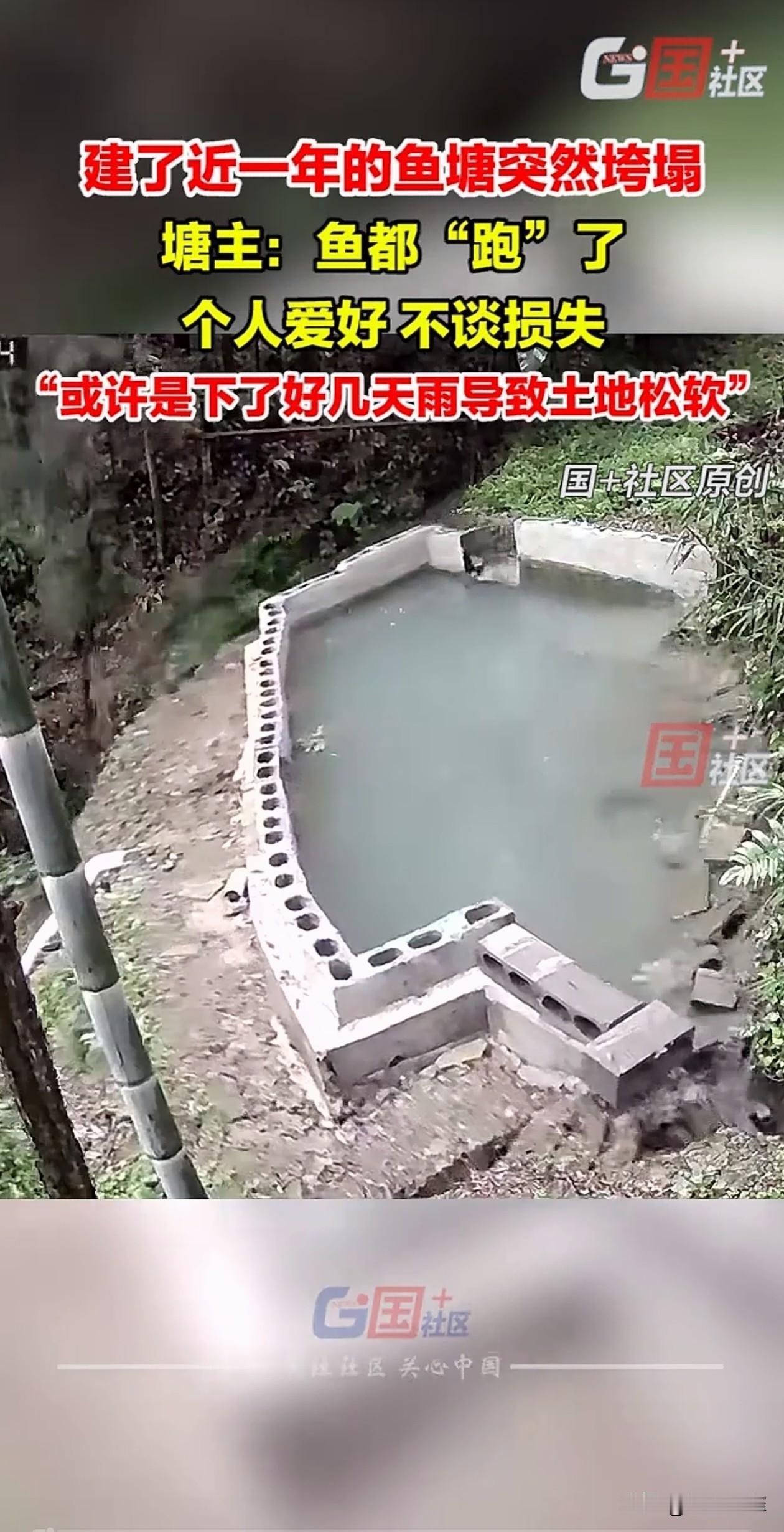 男子自建了一个鱼塘用来养鱼，但还没坚持一年，就突然垮塌，不过让人意外的是，男子没