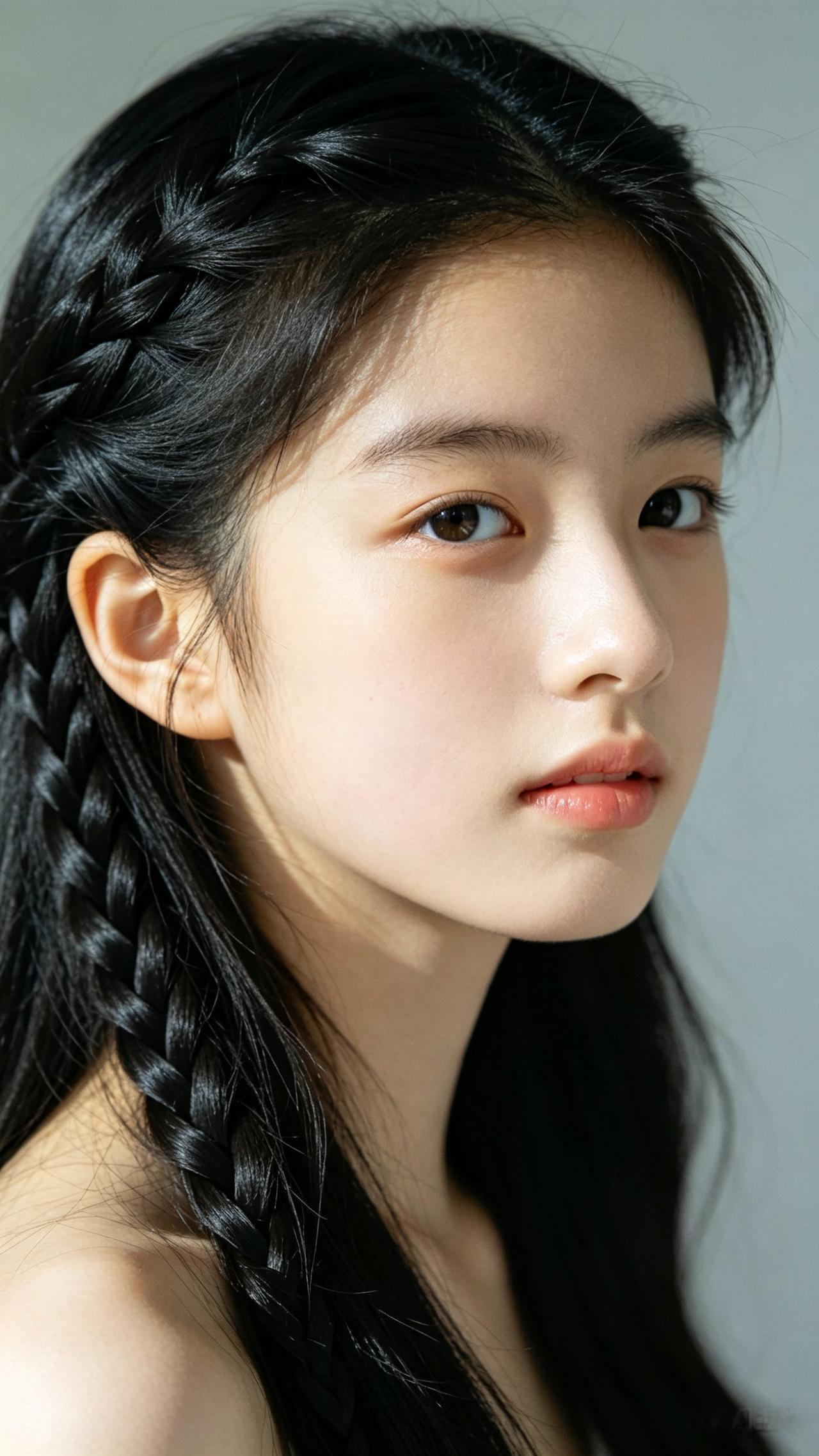 十六岁清纯少女，乌黑绸缎长发编织精致细辫，侧逆光勾勒柔和轮廓，眼眸澄澈干净，淡雅