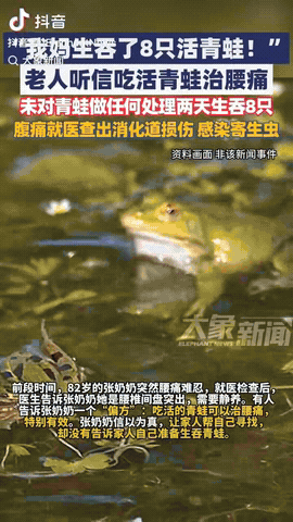 浙江杭州，一82岁老太听说“神仙秘方”，于是为了治疗腰疼，竟然直接生吃了8只青蛙