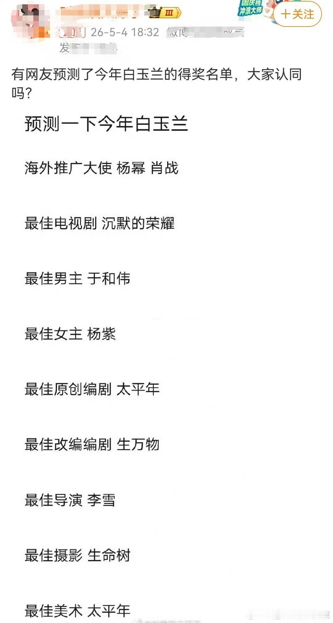 预测白玉兰得奖名单不说其他～看到最佳编剧记得当时被说农偶就是这部吧！预测白玉