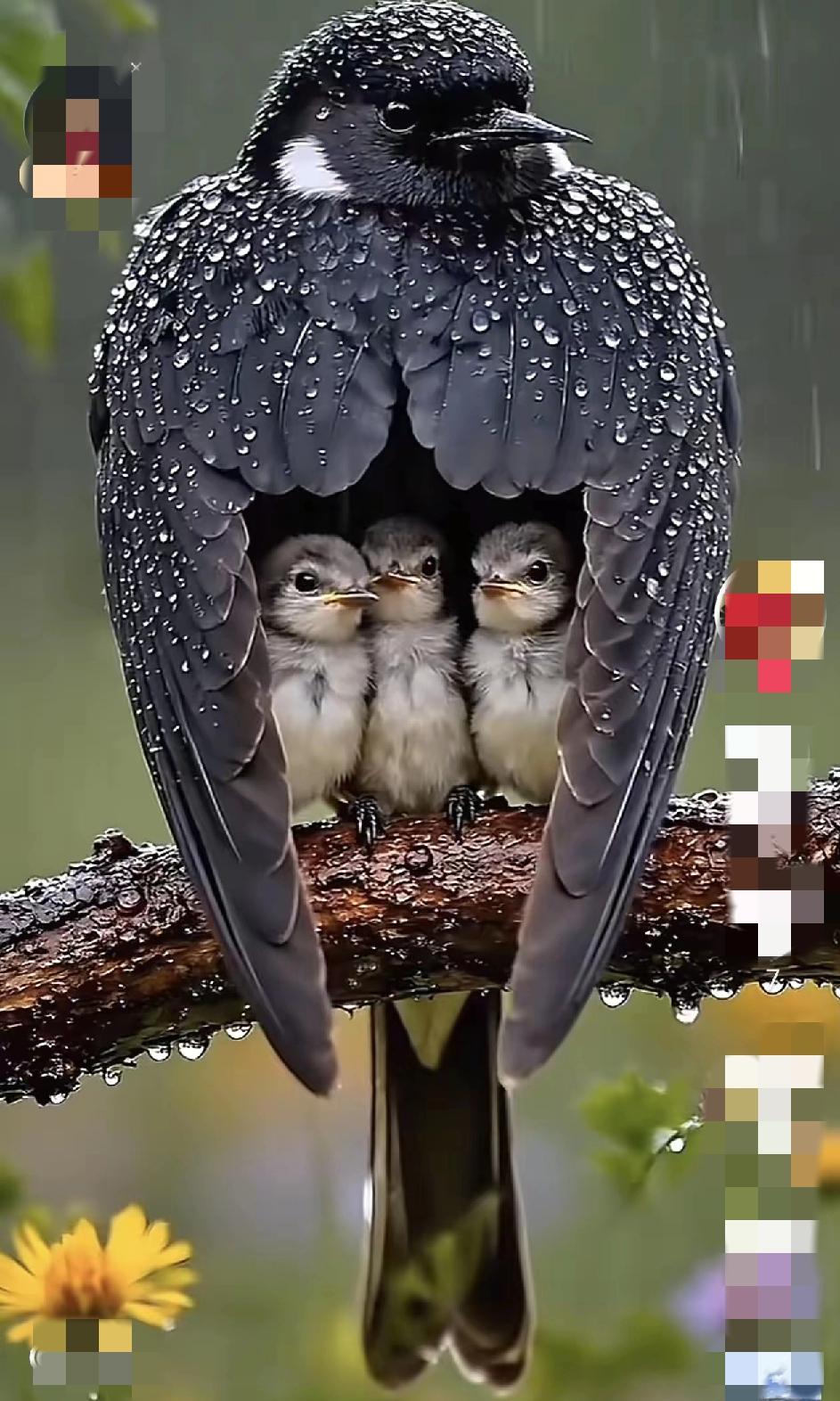 天呐！这鸟妈妈也太戳人了吧！下雨天直接把自己变成“活伞”，翅膀紧紧裹着三只小鸟崽
