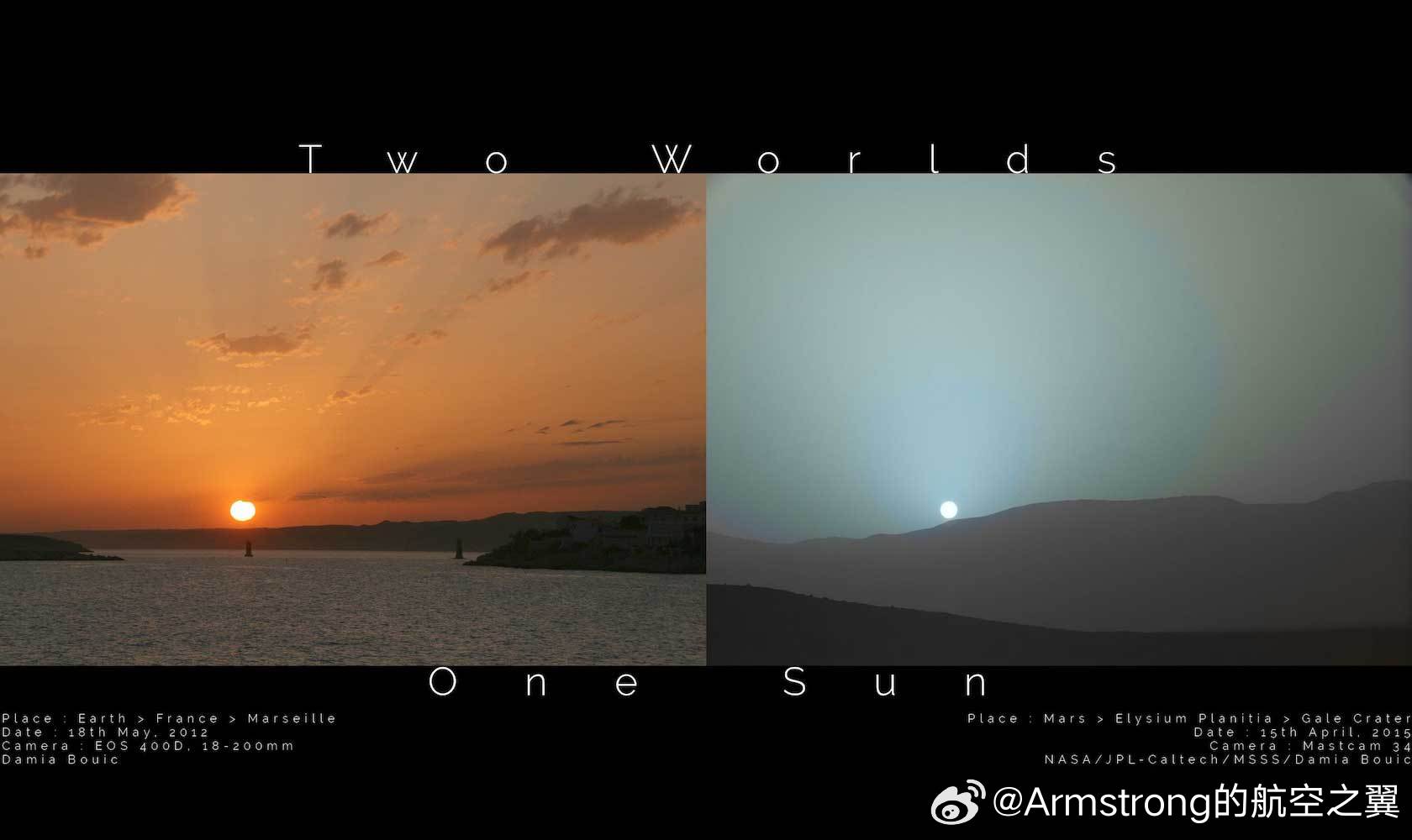 火星日落的真实照片火星日落呈现独特的蓝色，这是由火星稀薄大气中富含的微细红色尘