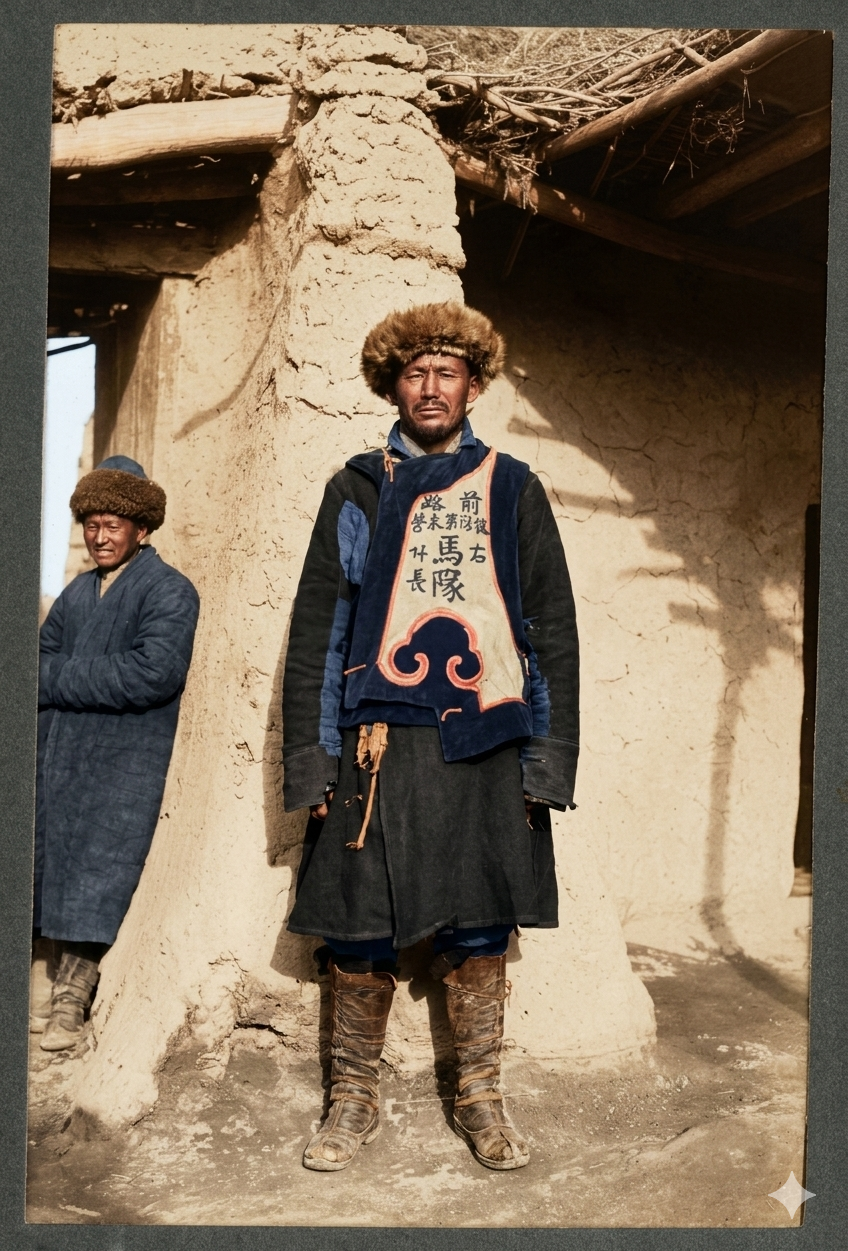 清末民初，新疆地区，照片中的男子，是新疆前路巡防第三营右哨马队什长。头戴厚实的狐