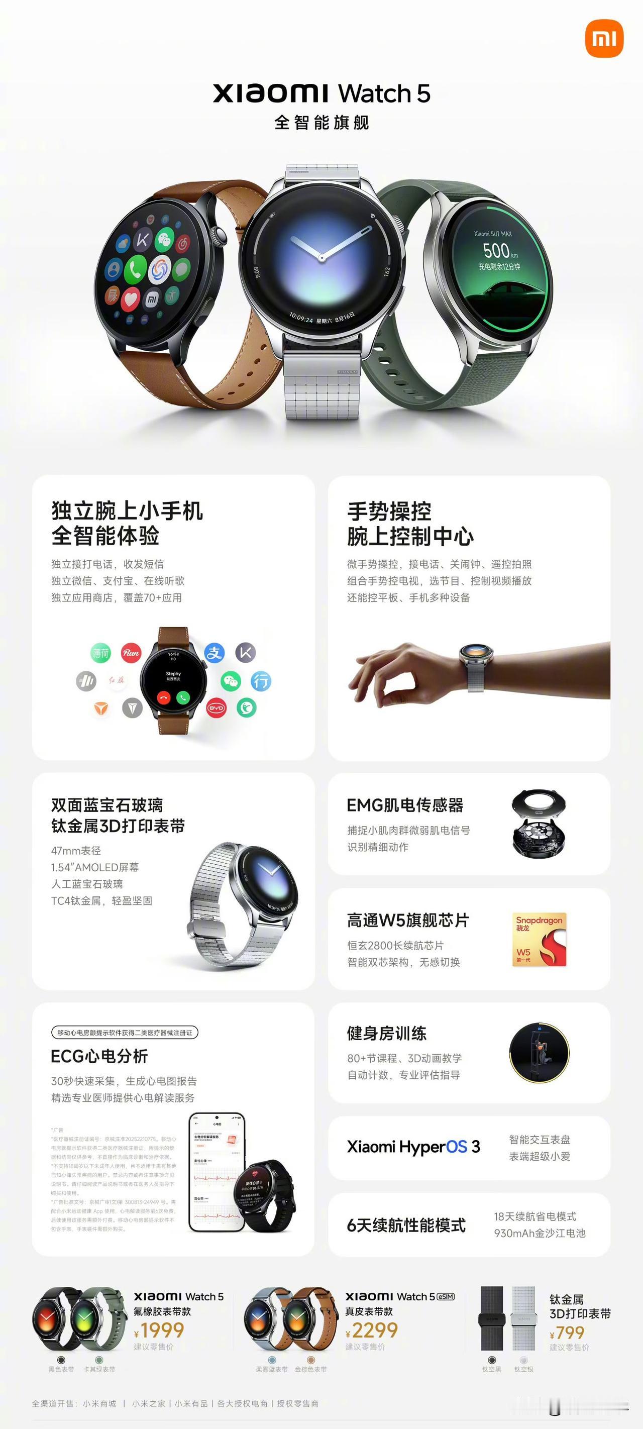 小米Watch5最大的升级就是它支持多种手势操作，之前的小米手表支持打响指关灯