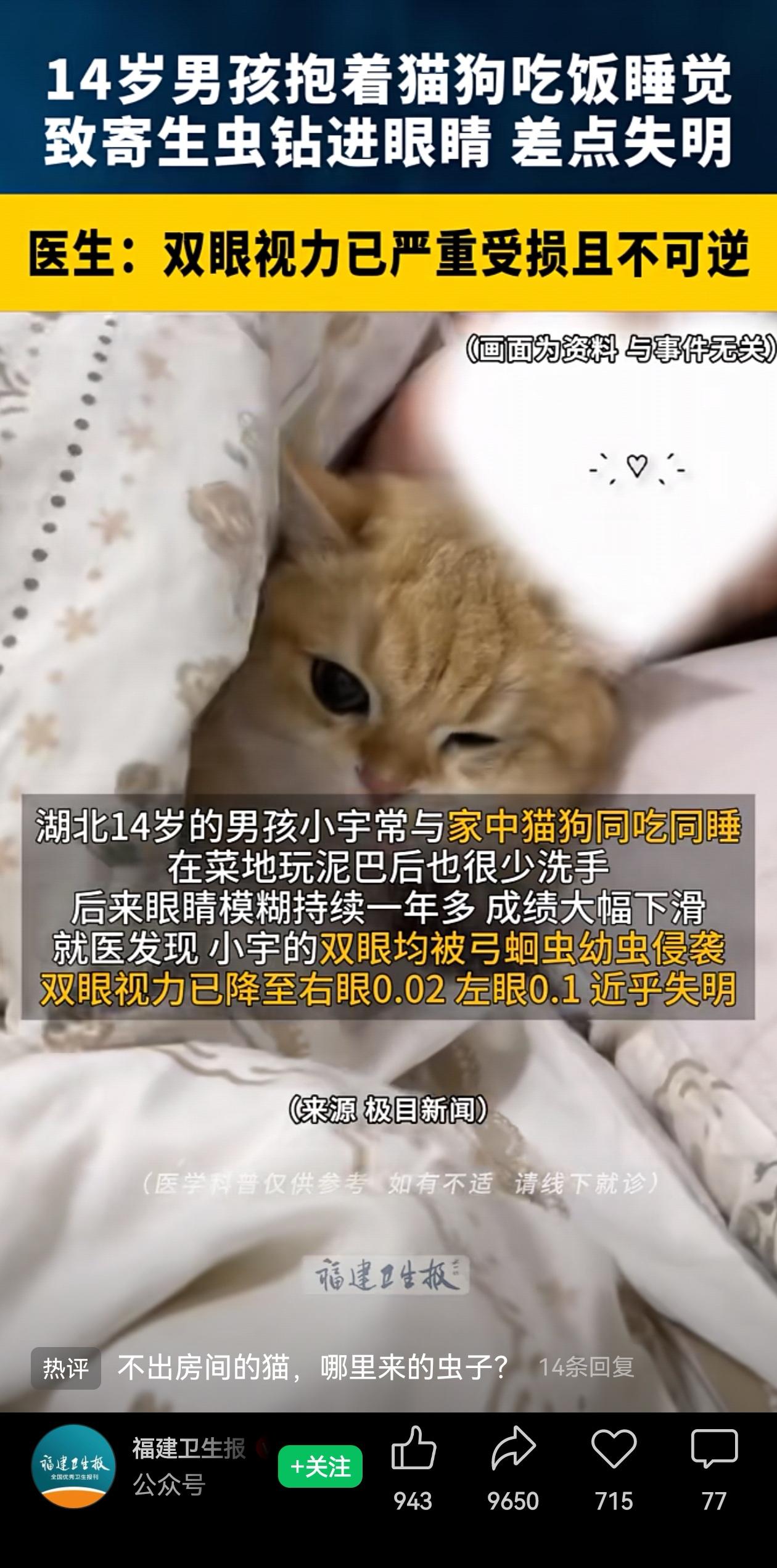 太惋惜啦！福建一个14岁的男孩，平时跟自己家里的土猫土狗太亲近，经常在一起睡,再