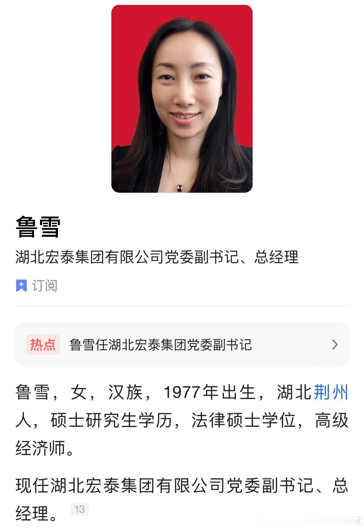 鲁雪任湖北宏泰集团总经理。
