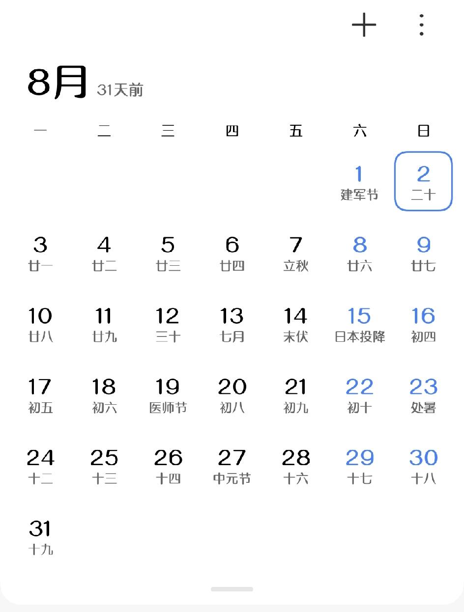 今天无意中看了一下日历，真的惊到我了。8月份31天，工作日是21天。8月份没有