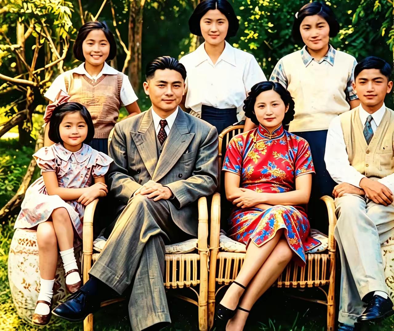 这张全家福拍摄于1948年，是荣毅仁与夫人杨鉴清，还有五个子女的合影。彼时临