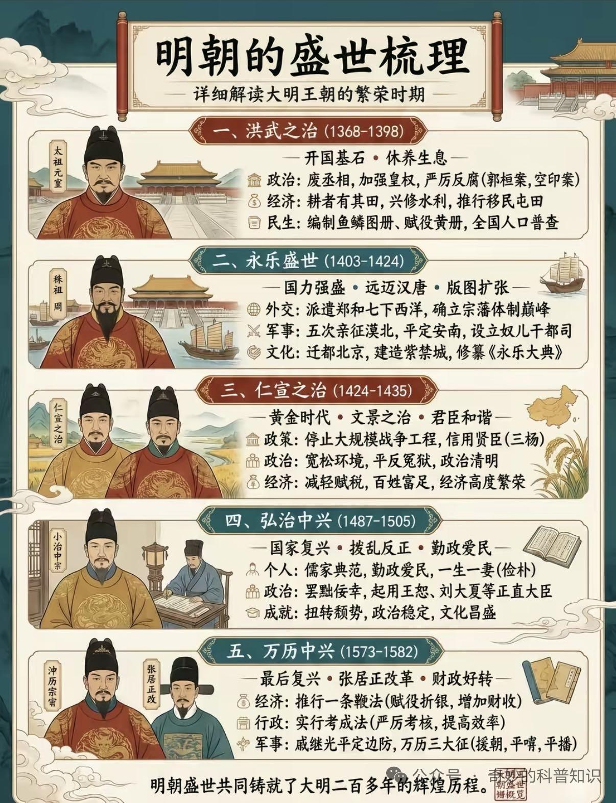 明朝有三个盛世。首先是“洪武之治”，朱元璋建立明朝后，采取了一系列恢复和发展社