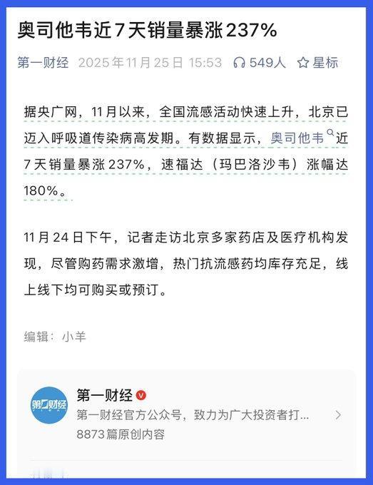“奥司他韦”近7天销量暴涨2379%！北京、广州、深圳等多地儿科医院患者开始